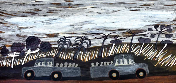 Joe Guymala Gunbalanya Area Road, 2020 ochre on bark 126 x 62 cm