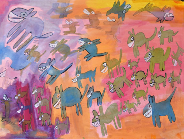 Patsy Mudgedell Camp Dogs, 2021 Mixed media on 300gsm watercolour paper 76 X 57 cm