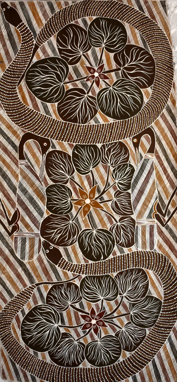 Djul'djul Gurruwiwi Garrimala, 2019 Earth pigment on stringybark 140 x 63 cm
