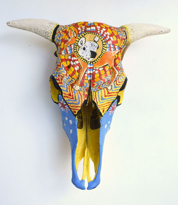 John (Prince) Siddon Australian Endangered Species- After the Bush Fires, 2021 Acrylic on bullock skull 50 x 50 x 16 cm