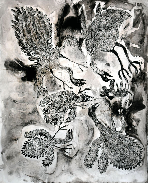 Iluwanti Ken Walawulu ngunytju kukaku ananyi (Mother Eagles going hunting) Acrylic on Linen 1525x1220mm