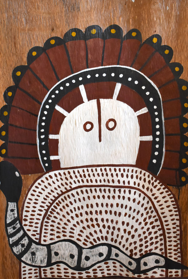 Donny Woolagoodja Wandjina & Ungud (cloud & rain spirits & totem), 2020 Ochre on bark 91 x 59 cm