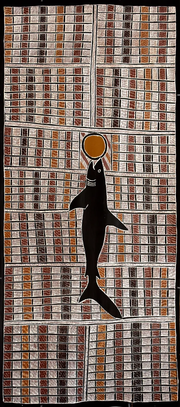 Djawuluku Munungurr Bangara 2 Mana at Lutumba, 2019 Earth pigment on stringybark 122 x 53 cm