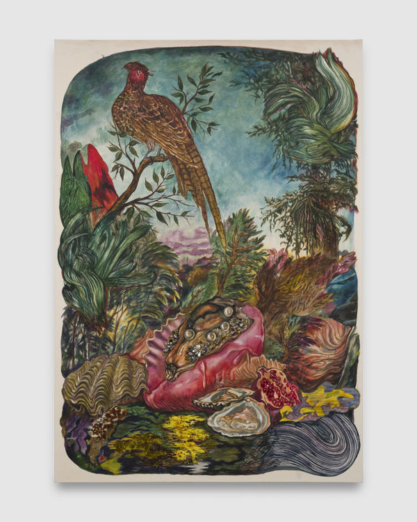 Ken Gun Min Beyond the struggle narrative (Okinawa), 2026 Baroque pearl, Onyx, crystal, assorted gemstones, vintage beads, Korean pigment, silk embroidery thread, found fabric oil on canvas 60 x 42 in 152.4 x 106.7 cm