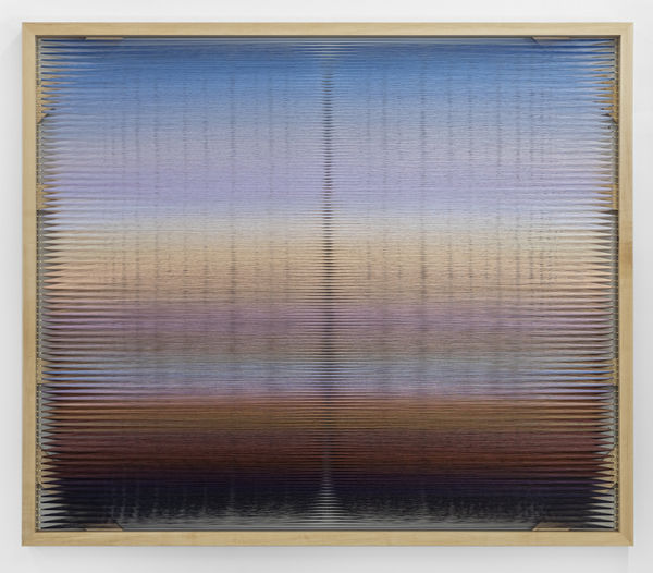 Rachel Mica Weiss Iridescence III, 2026 Polyester embroidery thread, maple, brass hooks 60 x 70 x 3 in 152.4 x 177.8 x 7.6 cm