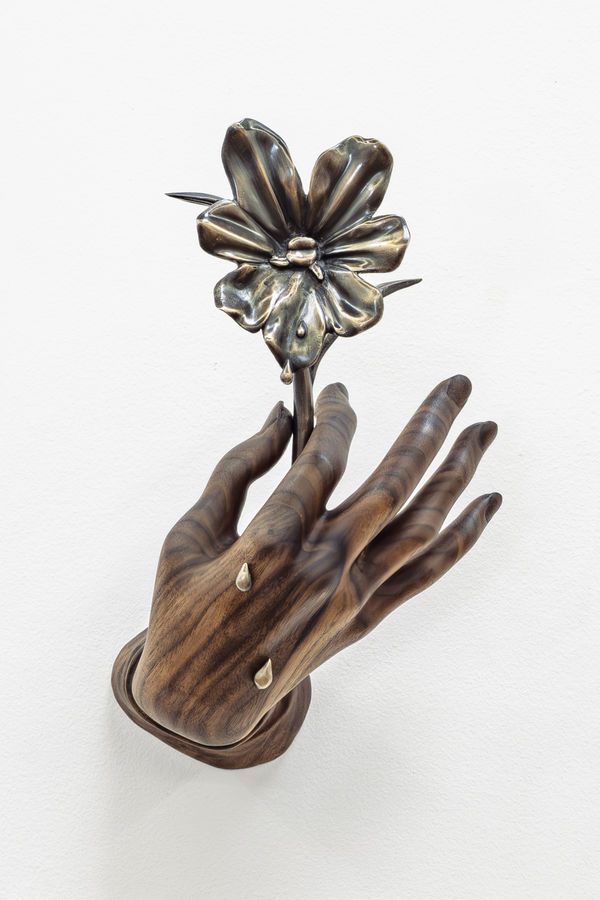 Vincent Pocsik Hand with One Monkey Flower, 2026 Carved walnut and bronze 12 x 8 x 6 in 30.5 x 20.3 x 15.2 cm