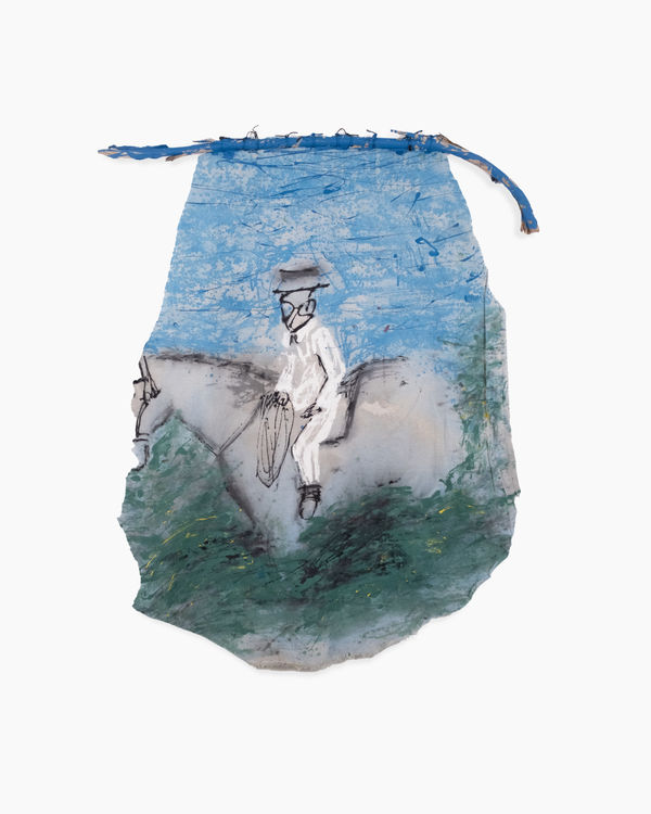 A painting by Bianca Walker featuring a man in white wearing a hat and riding a horse. The sky is blue, and the ground is green. The horse's head cuts off just outside the frame. Walker's "brush strokes" are abstract, gestural, and energetic. The painting is affixed to a curved branch by pieces of black twine.