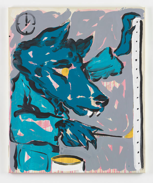 A painting by David Surman inspired by Pablo Picasso's Le Peinture. Surman's painting features a werewolf figure in shades of blue rendered in profile against a flat grey background. His yellow pupil looks intently at a canvas invisible to the viewer, as he drags a thin paintbrush dipped in yellow along its surface. His left hand grips the top edge of the canvas and a small clock above his head in the top left corner shows it to be 2 o'clock. Two small white fangs peek out below his nose.