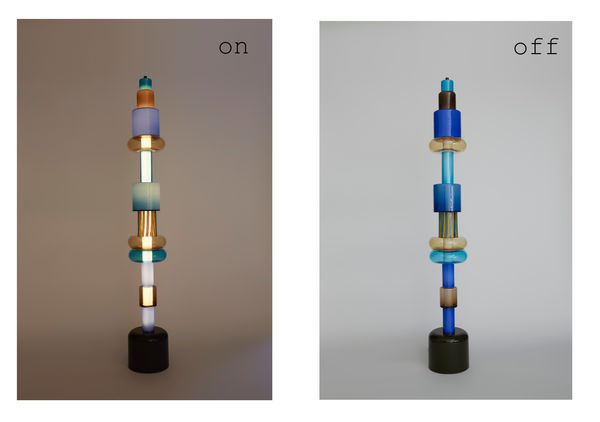 Paola Petrobelli Upright 24.3, 2023 Hand blown Murano Glass, spray painted metal base, electrical wiring. Dimmable with remote control. H 180 cm Max glass module W 25cm Edition of 24 plus 2AP