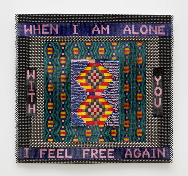 Jeffrey Gibson WHEN I AM ALONE WITH YOU I FEEL FREE AGAIN, 2020 Trading Post Rug, Acrylic Felt, Canvas, Glass Beads, Nylon Thread, Brass and Steel Studs 51 x 55 x 3 inches 129.5 x 139.7 x 7.6 cm