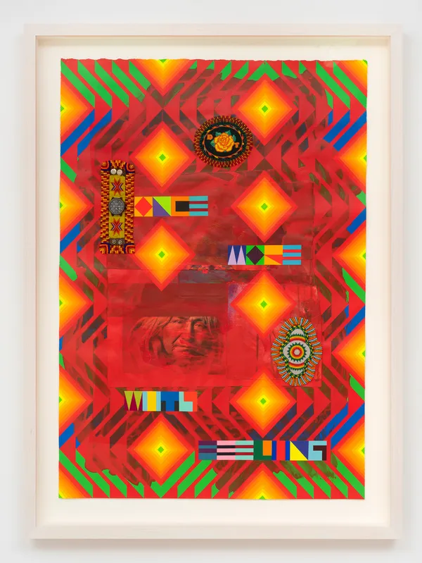 Jeffrey Gibson ONCE MORE WITH FEELING, 2023 Cold press watercolor paper, studio ephemera, book clippings, early watercolors from artist's archive, acrylic paint, vintage wrist beaded wrist watch, vintage beaded belt buckle, vintage hair clip, glass beads, nylon thread, muslin 46 1/2 x 32 1/2 inches 118.1 x 82.5 cm