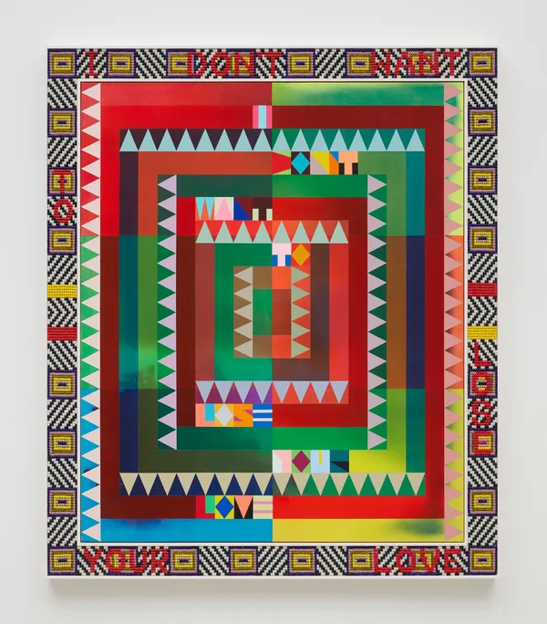 Jeffrey Gibson I DON’T WANT TO LOSE YOUR LOVE, 2020 Acrylic on canvas, glass beads, artificial sinew, inset to custom wood frame 69 3/4 x 59 3/4 inches 177.2 x 151.8 cm Signed