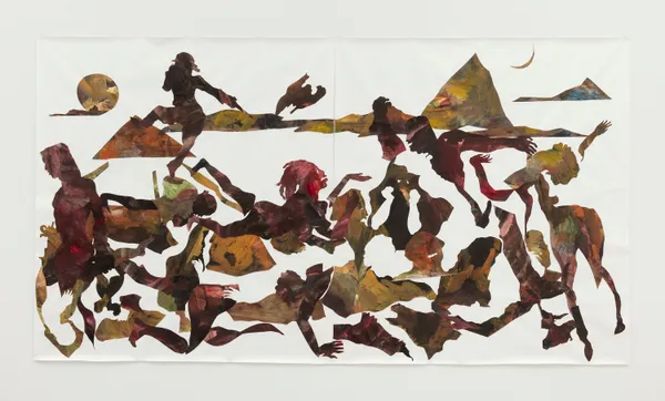 Kara Walker Promise Land, 2024 Watercolor and sumi-e ink on cut paper on paper 2 parts, 87 x 157 1/2 inches (221 x 400.1 cm) overall Framed: 91 3/8 x 163 1/2 x 3 5/8 inches (232.1 x 415.3 x 9.2 cm) overall