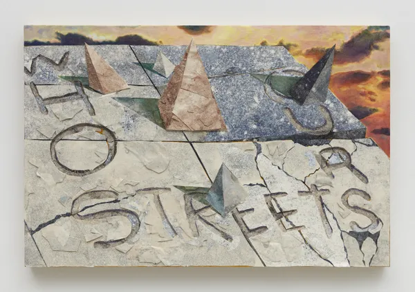 Yashua Klos Who's Streets?, 2026 Woodblock prints on archival paper, acrylic, oil paint and colored pencil on wood panel 24 x 36 inches 61 x 91.4 cm Signed on verso