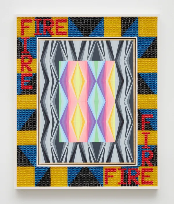 Jeffrey Gibson FIRE, 2020 Acrylic on deer hide, glass beads and artificial sinew inset into wood frame 34.5 x 28.875 inches (87.6 x 73.3 cm), framed Signed