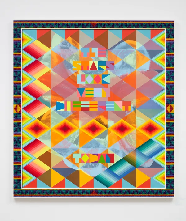 Jeffrey Gibson THE STARS LOOK VERY DIFFERENT TODAY, 2023 Acrylic on canvas, glass beads, artificial sinew, inset to custom wood frame 88 x 80 inches 223.5 x 203.2 cm