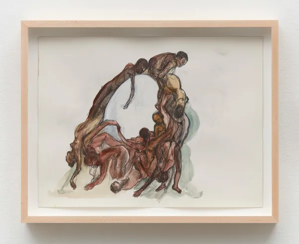 Kara Walker Egg Ensemble, 2024 Watercolor and graphite on paper 12 1/4 x 16 1/8 inches (31.1 x 41 cm) Framed: 14 3/4 x 18 5/8 inches (37.5 x 47.3 cm)