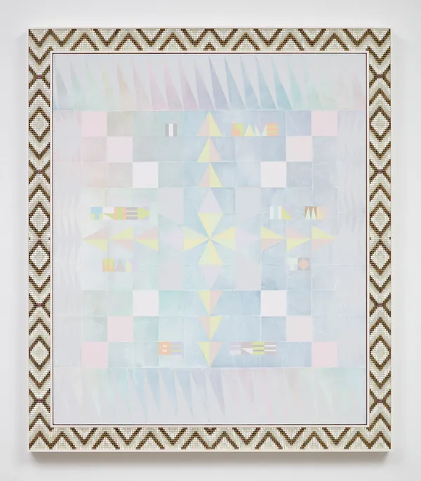 Jeffrey Gibson I HAVE TRIED IN MY WAY TO BE FREE, 2023 Acrylic on canvas, glass beads, artificial sinew, inset to custom wood frame 74 3/4 x 64 1/2 inches 189.9 x 163.8 cm