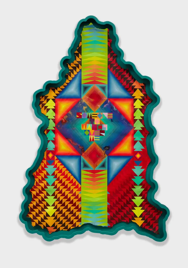 Jeffrey Gibson SOMEONE TO WATCH OVER ME, 2023 Acrylic paint on elk hide inset in custom wood frame Framed: 103 x 69 x 5 inches (261.6 x 175.3 x 12.7 cm)