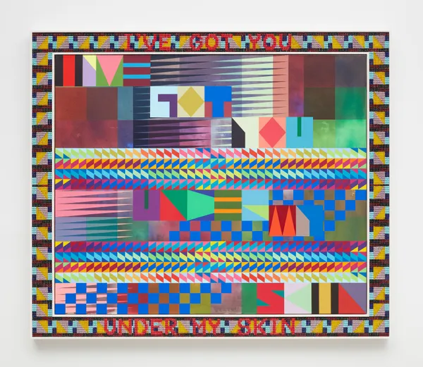 Jeffrey Gibson I'VE GOT YOU UNDER MY SKIN, 2020 Acrylic on canvas, glass beads and artificial sinew inset into wood frame 59 3/4 x 69 3/4 inches 151.8 x 177.2 cm Signed