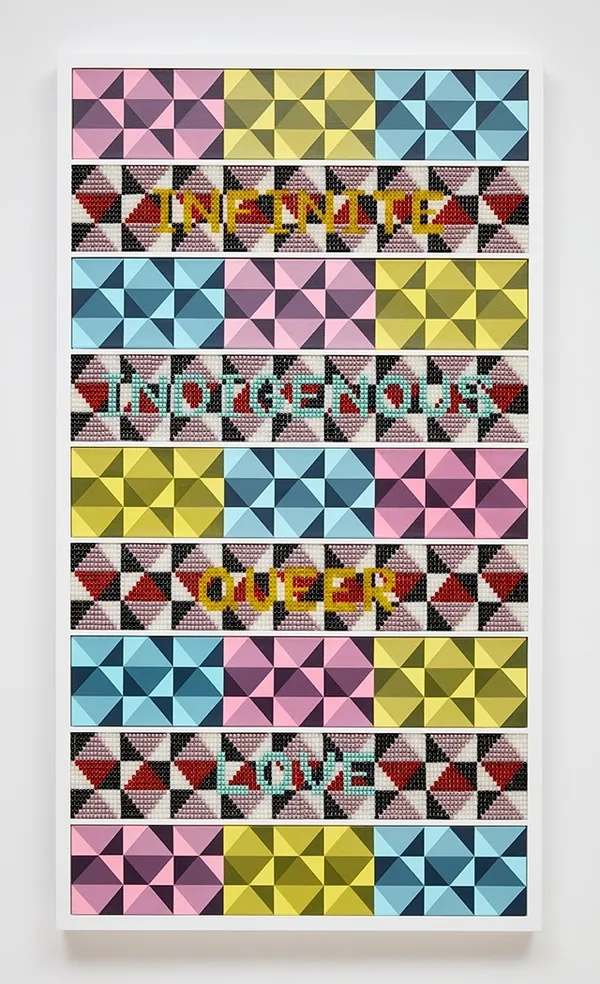 Jeffrey Gibson INFINITE INDIGENOUS QUEER LOVE, 2020 Acrylic on canvas, glass beads and artificial sinew inset into wood frame Framed: 63.875 x 35.5 inches (162.2 x 90.2 cm)