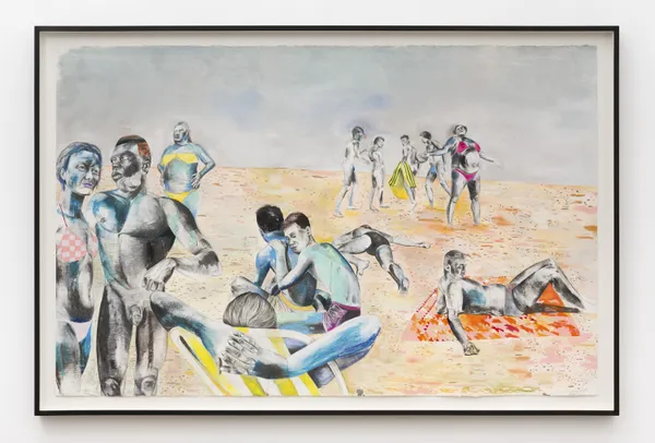 Wardell Milan At the Beach No. 1, 2023 Charcoal, graphite, color pencil, pastel, oil pastel, and acrylic on paper 49 1/2 x 71 1/2 inches 125.7 x 181.6 cm