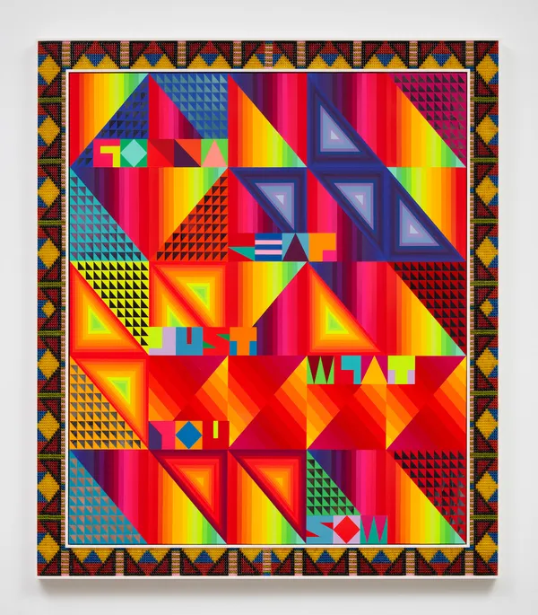 Jeffrey Gibson GONNA REAP JUST WHAT YOU SOW, 2023 Acrylic on canvas, glass beads, plastic beads, artificial sinew, inset to custom wood frame 74 3/4 x 64 3/4 inches 189.9 x 164.5 cm