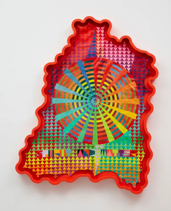 Jeffrey Gibson SPIRIT AND MATTER, 2023 Acrylic paint on elk hide inset in custom wood frame Framed: 90 x 72 1/2 x 5 inches (228.6 x 184.2 x 12.7 cm)