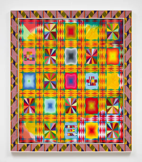 Jeffrey Gibson UPSIDE DOWN, 2023 Acrylic on canvas, glass beads, plastic beads, artificial sinew, inset to custom wood frame 74 3/4 x 64 3/4 inches 189.9 x 164.5 cm