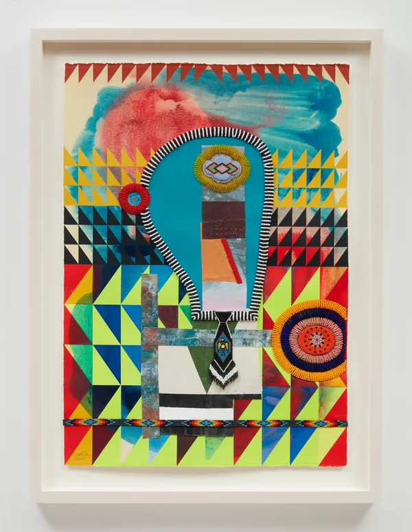 Jeffrey Gibson UNITED WE SHALL OVERCOME, 2022 Acrylic paint on cold press cotton rag, vintage beaded elements, vintage pinback buttons, glass beads, nylon thread 41 1/2 x 29 1/2 inches 105.4 x 74.9 cm