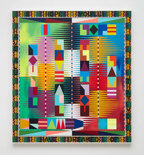 Jeffrey Gibson I HOPE YOU’LL HAVE ALL THAT YOU HAVE DREAMED OF, 2020 Acrylic on canvas, glass beads, artificial sinew, inset to custom wood frame 88 x 79 7/8 inches 223.5 x 202.9 cm Signed