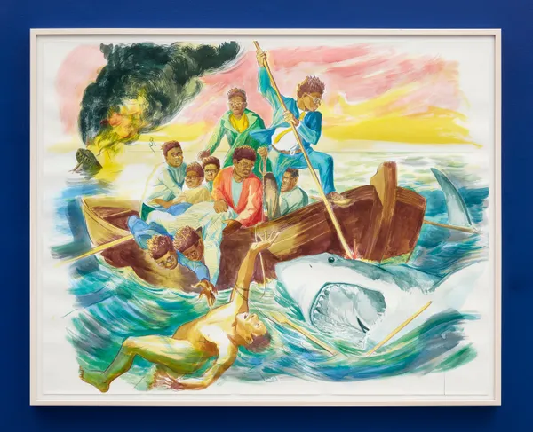 Mark Thomas Gibson Mark and the Shark, 2022 Ink on paper 48 x 59 inches 121.9 x 149.9 cm