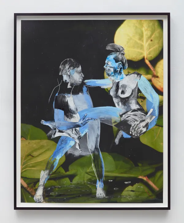 Wardell Milan Two Jane warriors training for battle., 2023 Charcoal, pastel, oil pastel graphite, color pencil, cut-and-paste paper on paper 52 1/2 x 41 inches 133.3 x 104.1 cm Framed: 56 1/2 x 45 inches