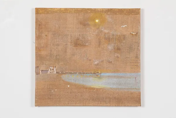 Merlin James Pier (Jute), 2024 Acrylic on jute 17 1/8 x 18 1/2 inches 43.5 x 47 cm