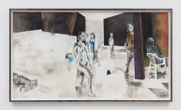 Wardell Milan A report from an unoccupied territory no. 2, 2023 Charcoal, graphite, color pencil, gesso, acrylic, pastel, cut-and -paste paper on paper. 73 1/4 x 132 3/4 x 1 1/2 inches 186.1 x 337.2 x 3.8 cm Framed: 78 3/4 x 138 1/4 x 3 3/4 inches