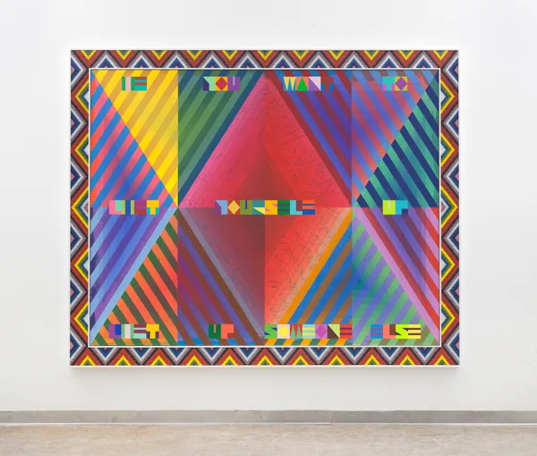 Jeffrey Gibson IF YOU WANT TO LIFT YOURSELF UP LIFT UP SOMEONE ELSE, 2024 Acrylic on canvas, glass beads, plastic beads, inset in custom wood frame 76 3/8 x 96 3/8 inches (193.8 x 244.8 cm) 88 3/8 x 108 3/8 x 2 5/8 inches (224.3 x 275.3 x 6.5 cm), framed