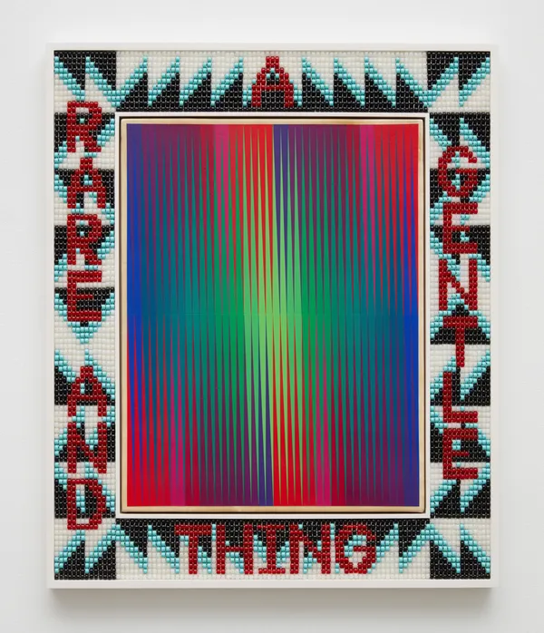 Jeffrey Gibson A RARE AND GENTLE THING, 2020 Acrylic on deer hide on panel, glass beads and artificial sinew inset into wood frame 34 1/2 x 28 7/8 inches 87.6 x 73.3 cm Signed