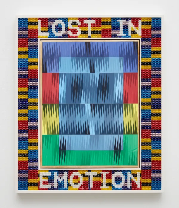 Jeffrey Gibson LOST IN EMOTION, 2020 Acrylic on hide, glass beads and artificial sinew inset into wood frame 34 1/2 x 28 7/8 inches 87.6 x 73.3 cm Signed