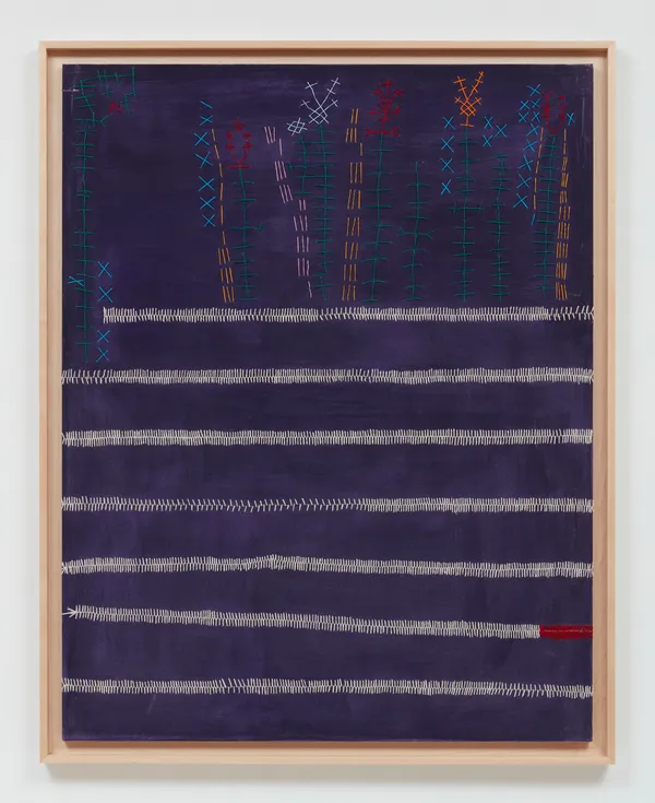 Teresa Lanceta CON SUMO CUIDADO. AZUL, 2024 Painted and stitched fabric 57 1/2 x 44 7/8 inches (146 x 114 cm) Framed: 61 1/2 x 49 x 2 inches (156.21 x 124.46 x 5.08 cm)