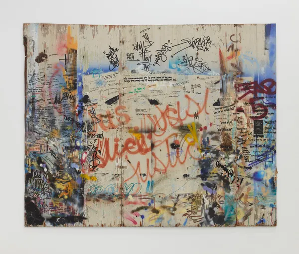Lee Quiñones Voices Carry, 1940s, 2005 Acrylic, spray paint, paint marker, ink and pencil on navy issue plywood panels from the 1940s and incorporating various graffiti from years past Triptych: 84 x 105.5 inches (213.4 x 266.7 cm) overall