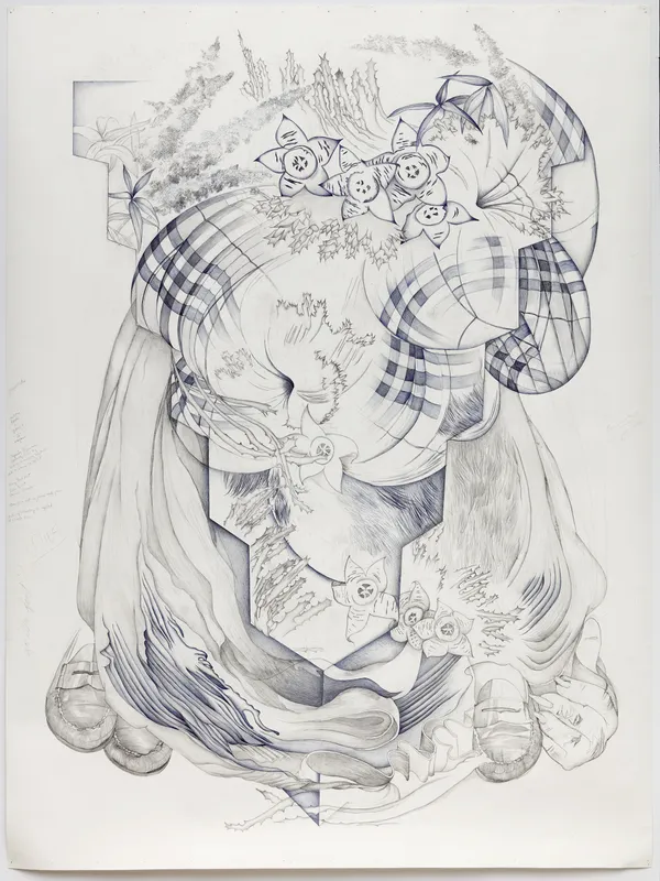 Marlene McCarty Odor of Elephant Carrion, Penny Loafers, Larvae, Watteau, Civil War Ball gown, Colonization and Decomposition, Commercial Branding, Monk’s Pepper, Masculist Sculpture, Corpse Flower, Vitex agnus., 2019 Graphite and ballpoint pen on paper 94 x 70 1/2 inches 238.8 x 179.1 cm
