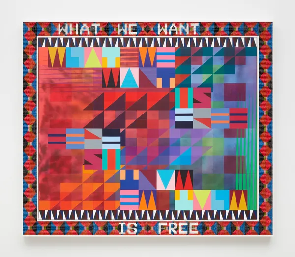 Jeffrey Gibson WHAT WE WANT IS FREE, 2020 Acrylic on canvas, glass beads and artificial sinew inset into wood frame 59 3/4 x 69 3/4 inches 151.8 x 177.2 cm Signed