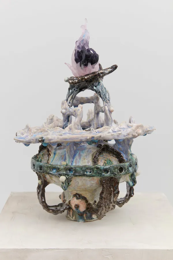 Heidi Lau Lighting A Fire With An Icicle, 2024 Glazed ceramic, cast glass 15 x 10 x 10 inches 38.1 x 25.4 x 25.4 cm