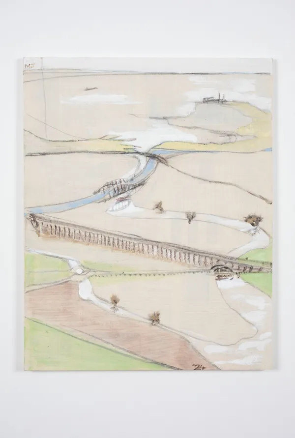 Merlin James Estuary, 2024 Acrylic and charcoal on canvas and paper 26 3/8 x 21 inches 67 x 53.5 cm
