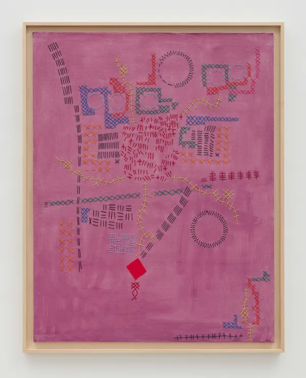 Teresa Lanceta CON SUMO CUIDADO. PÚRPURA, 2024 Painted and stitched fabric 57 1/2 x 44 7/8 inches (146 x 114 cm) Framed: 61 1/2 x 49 x 2 inches (156.21 x 124.46 x 5.08 cm)