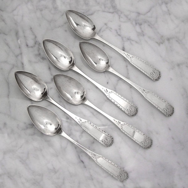 Joseph Shoemaker, A Fine Set of Six Early American Bright-Cut Engraved Silver Teaspoons, c.1795