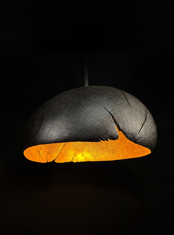 Nic Webb Kin Kumo II, 2025 English oak, scorched, oiled exterior, 23 carat gold gilded interior 30 H x 80 W x 80 D cm 11.8 H x 31.5 W x 31.5 D in