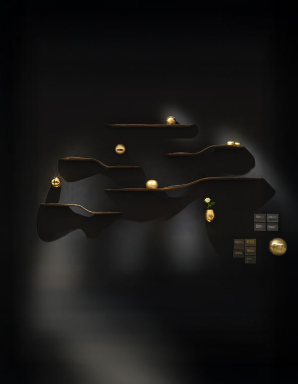 Marc Fish Mokume-Gane Console & Shelves, 2022 Acquired by a private collection Mokume-Gane, bog oak 206 H x 280 W x 30 D cm 80.7 H x 110.2 W x 11.8 D in Available for Commission