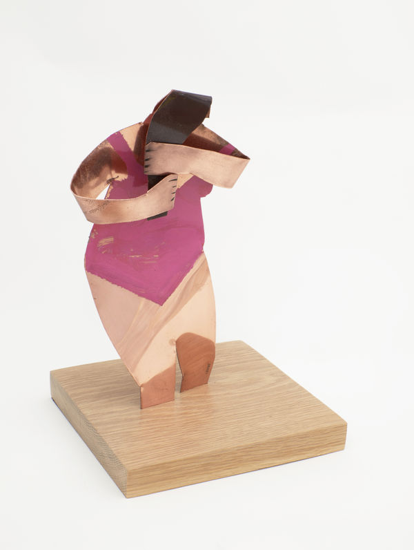 John Short Female Bather Wringing Hair in Pink Costume recycled copper tank with enamel on oak base 24cm high