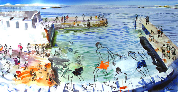 John Short Coliemore Harbour Bathers watercolour & ink 50 x 100 cm